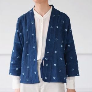 Natural indigo dyed hand woven cotton wrap jacket with shibori from Vietnam